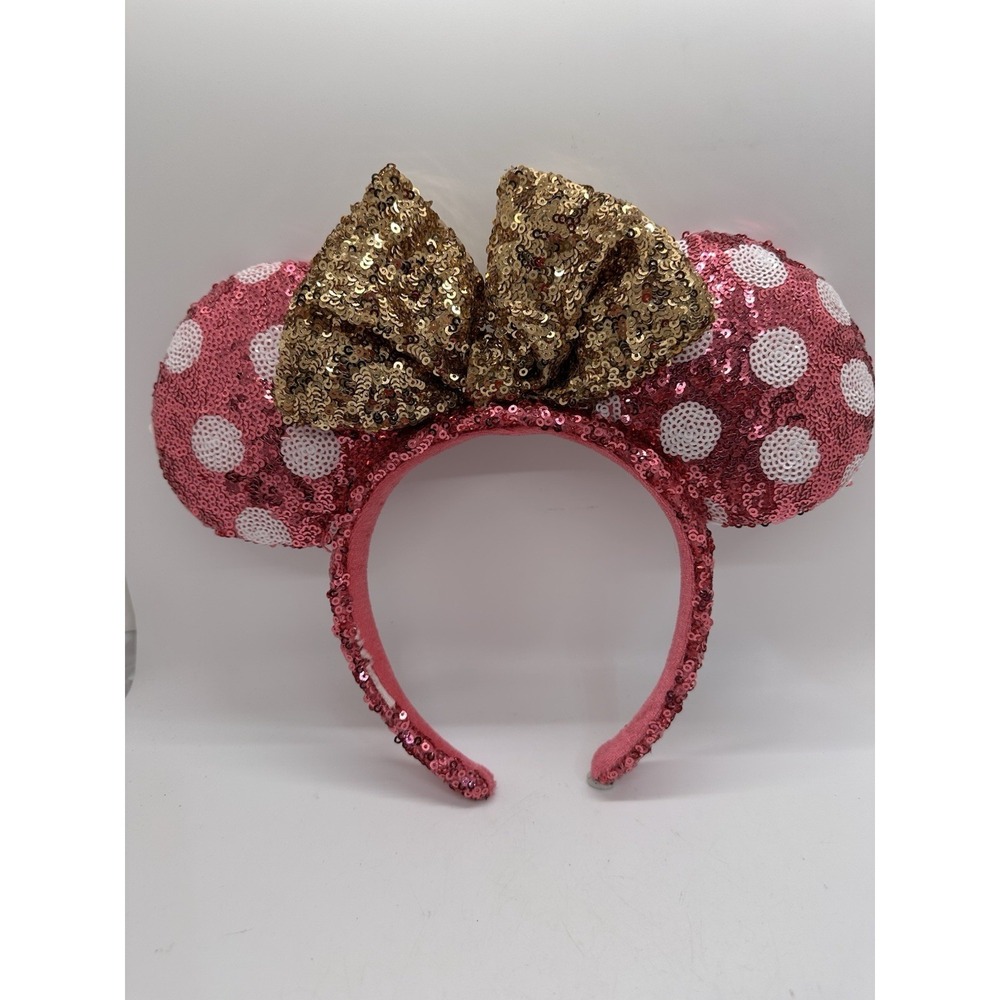 Disney Minnie Mouse Pink Polka Dot Ears‎ Gold Sequin Bow Headband